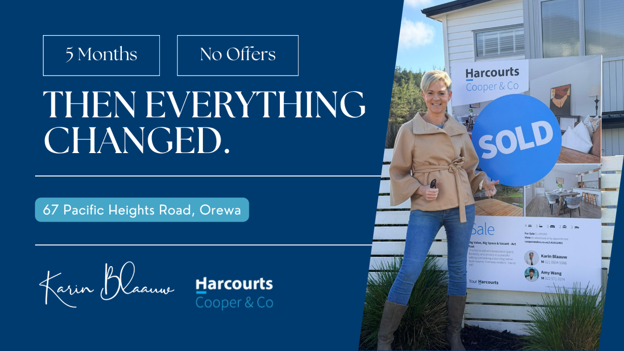 ‘5 Months. No Offers. Then Everything Changed’ — the relaunch campaign for 67 Pacific Heights Road, Orewa, marketed by Karin Blaauw and Amy Wang, Harcourts Cooper & Co
